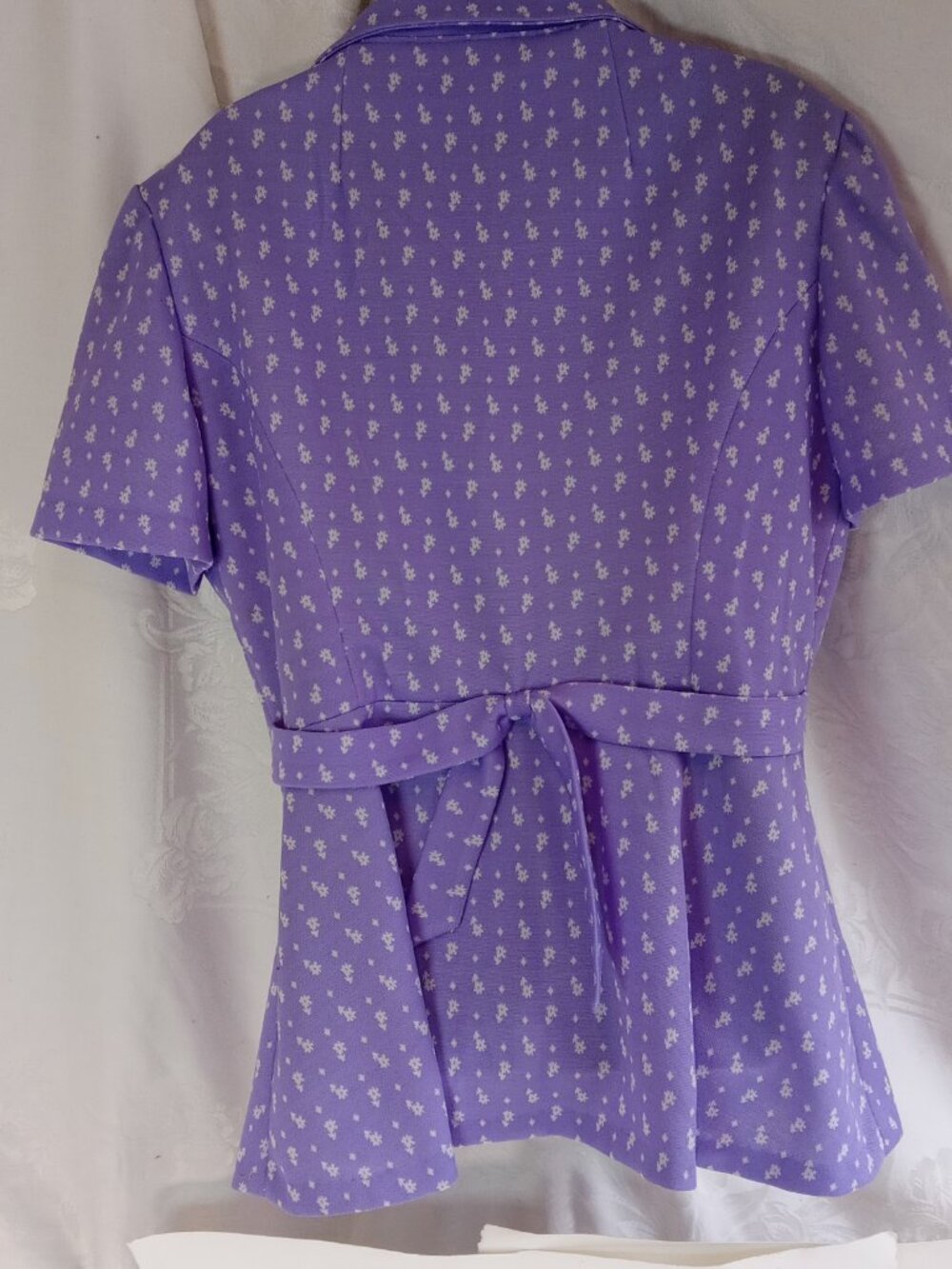Vintage 70's Woman Light Lilac Purple White Mod Abstract Flower Blouse XL Shirt - Picture 8 of 11